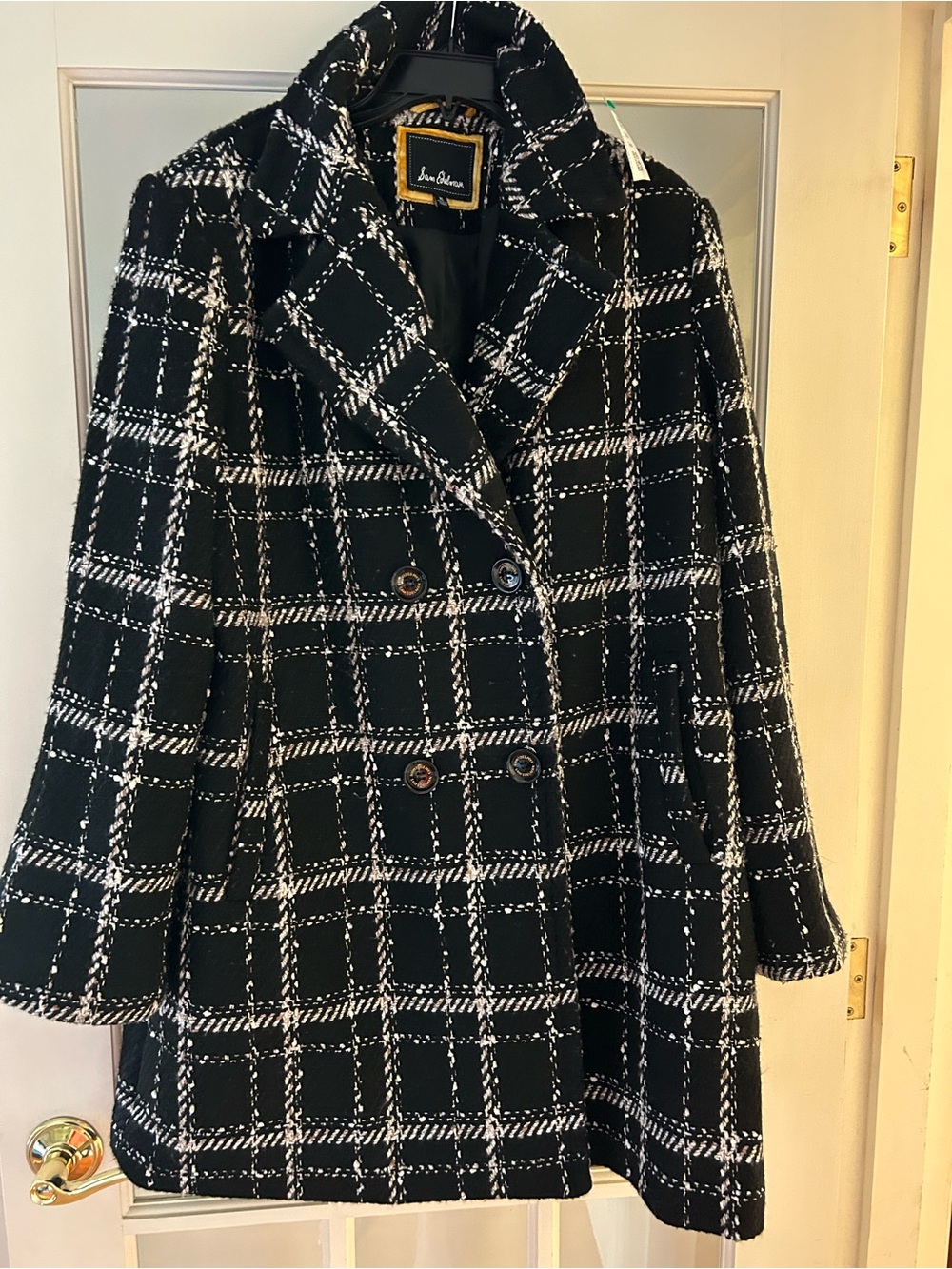 Sam Edelman Black & White Plaid Double-Breasted Peacoat
